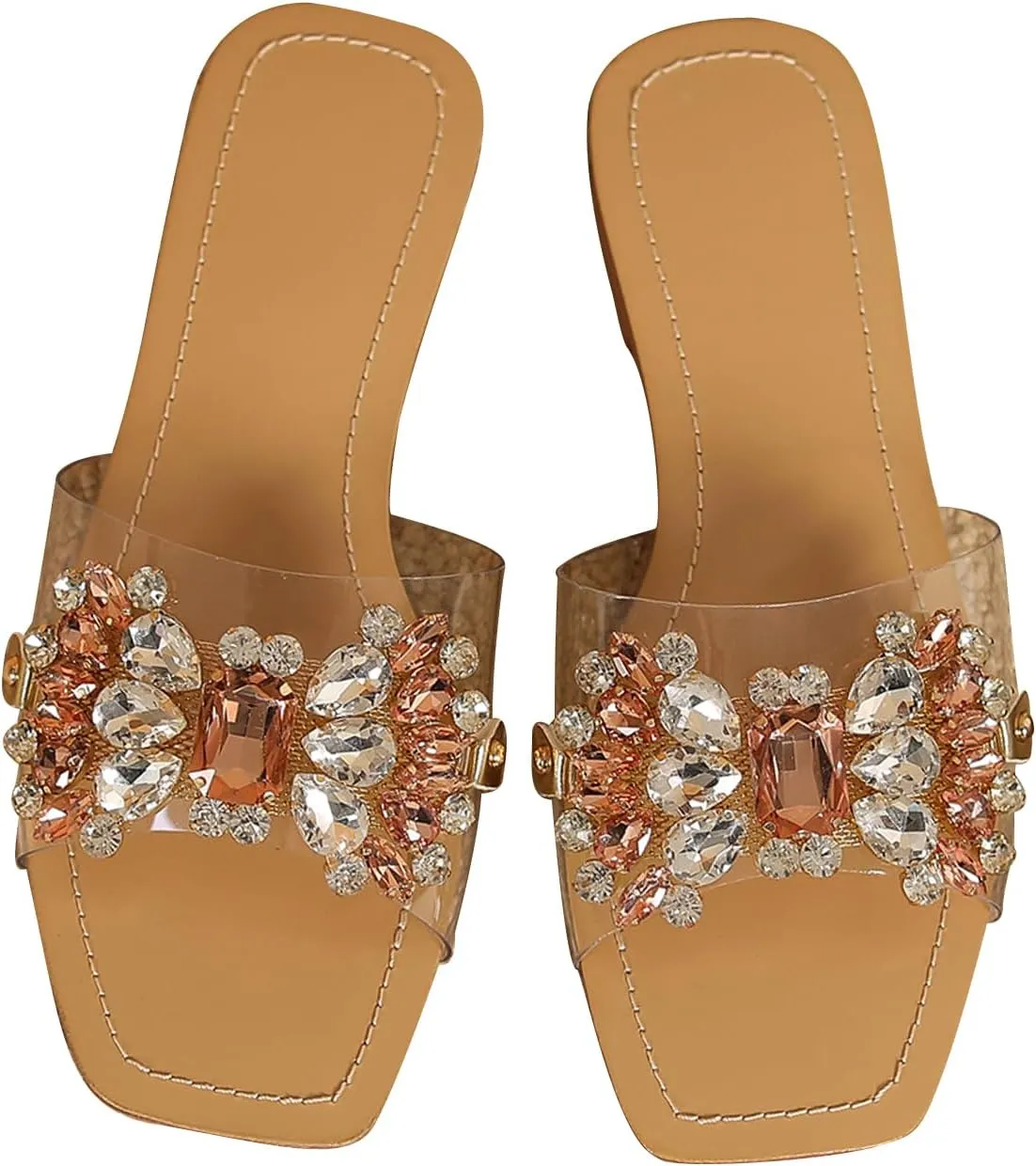 Verdusa Women's Rhinestone Clear Flat Sandals Square Toe Slide Sandals