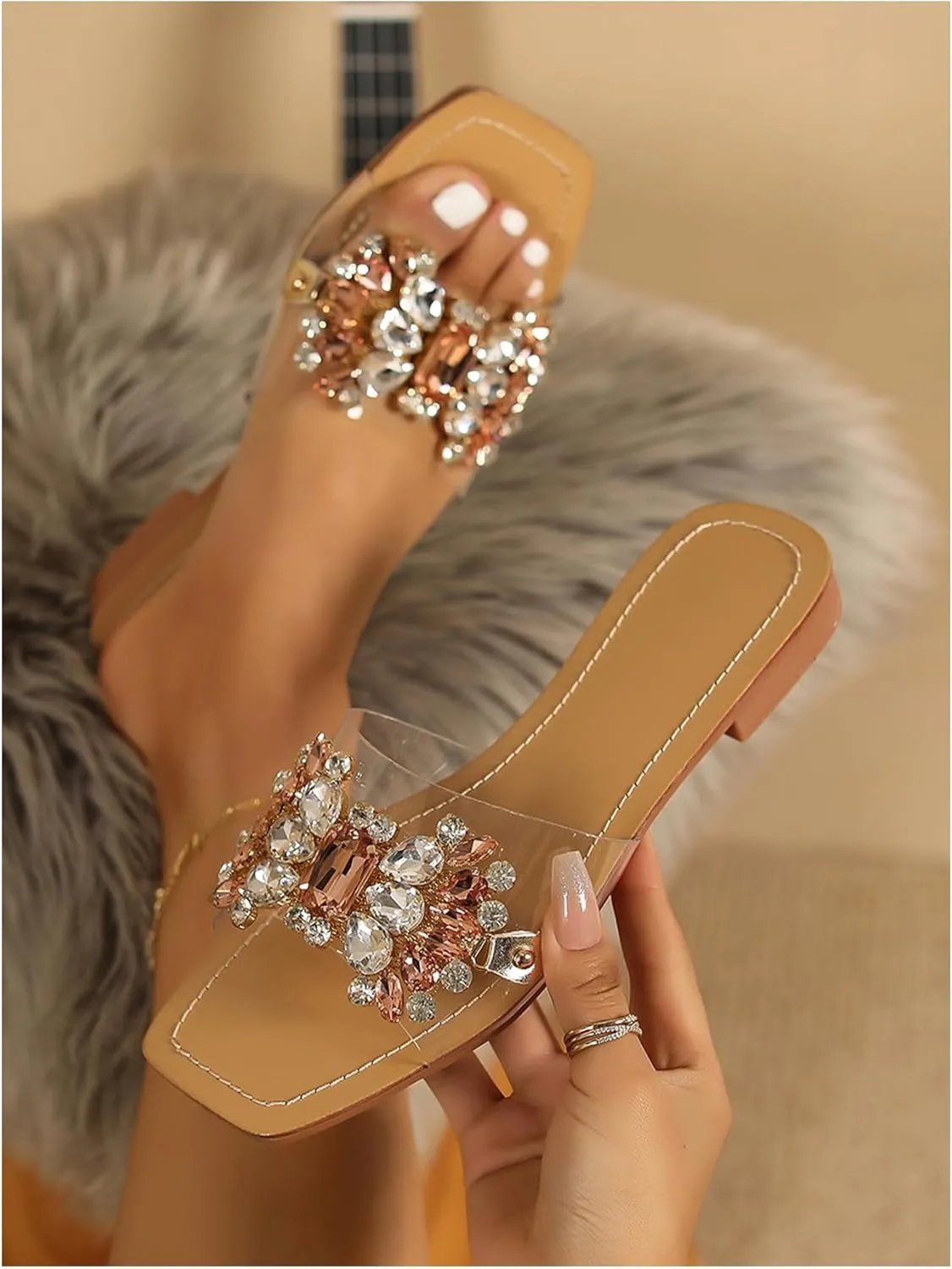 Verdusa Women's Rhinestone Clear Flat Sandals Square Toe Slide Sandals