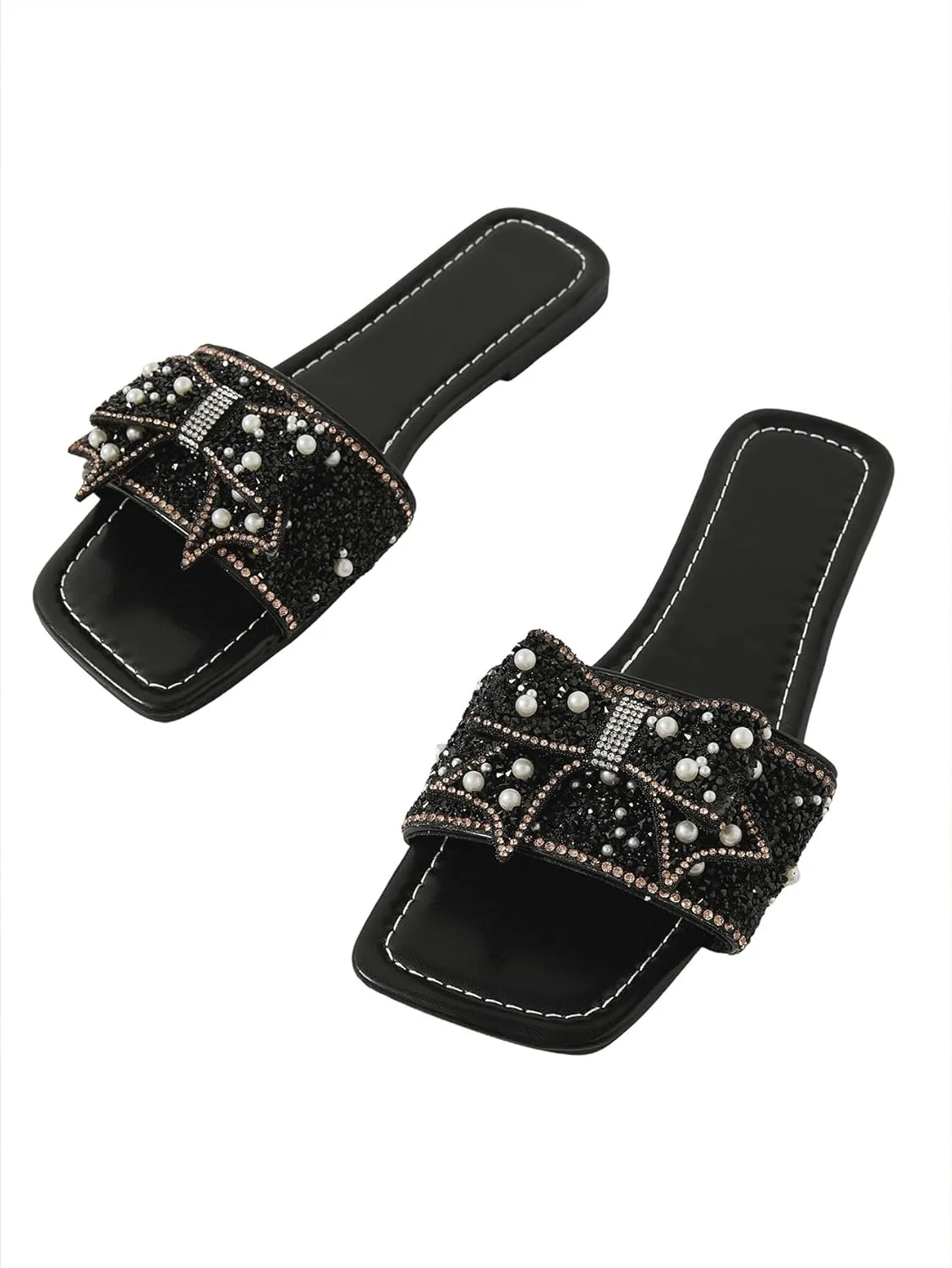 Verdusa Women's Rhinestone peals Bow Leather Flat Sandals Slip on Open Toe Sandals