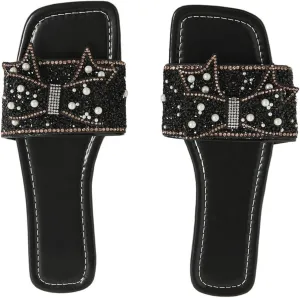 Verdusa Women's Rhinestone peals Bow Leather Flat Sandals Slip on Open Toe Sandals