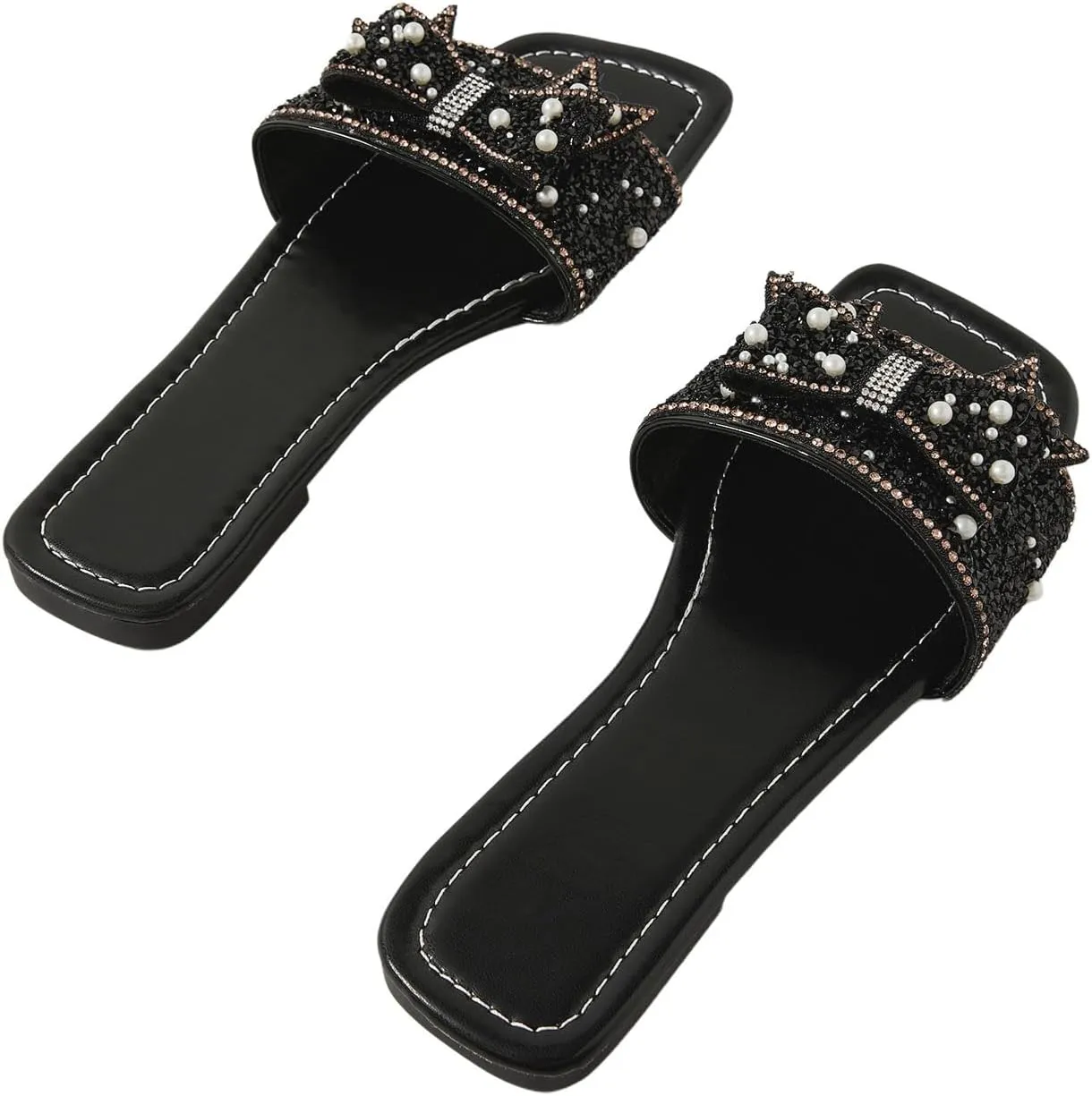 Verdusa Women's Rhinestone peals Bow Leather Flat Sandals Slip on Open Toe Sandals