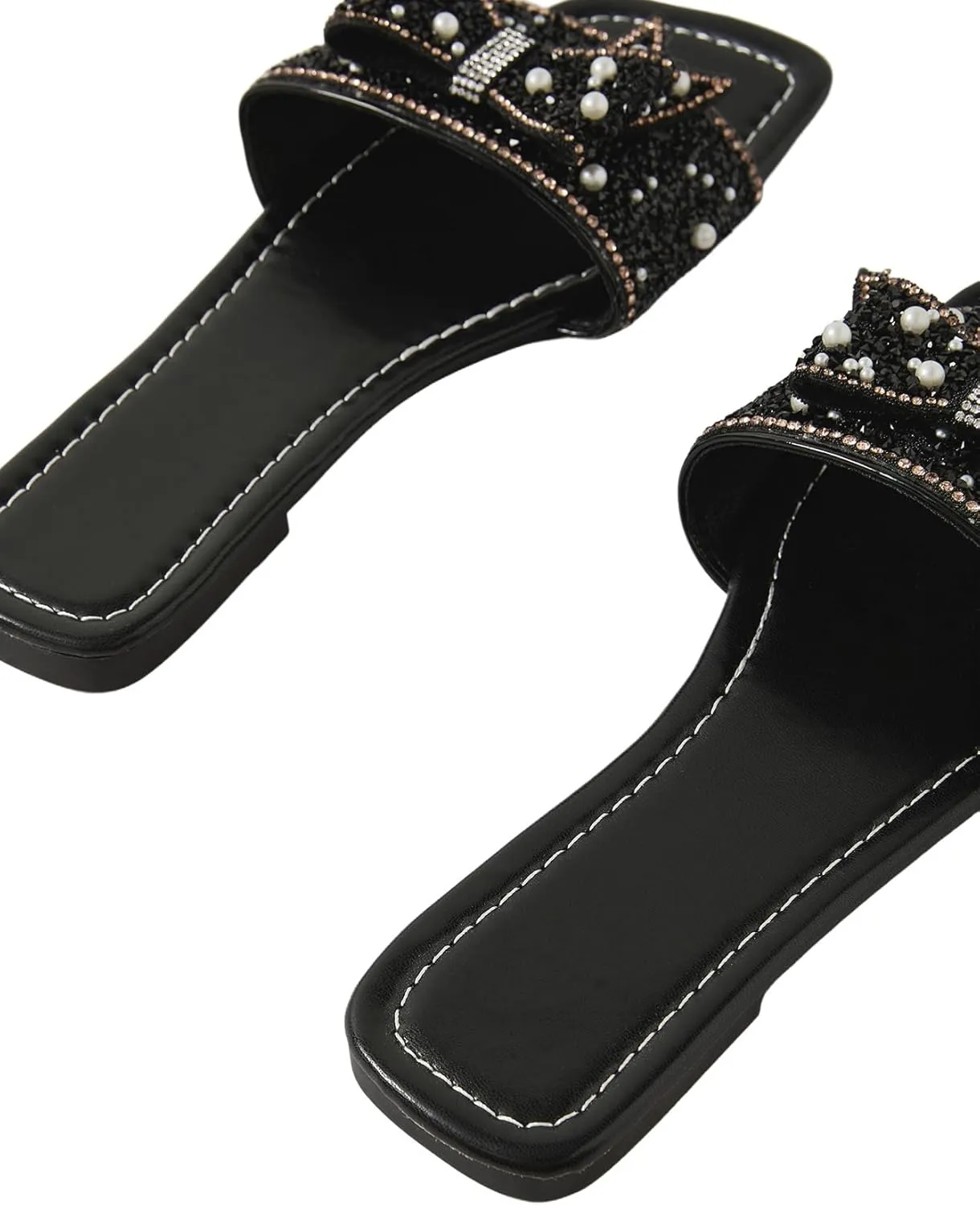 Verdusa Women's Rhinestone peals Bow Leather Flat Sandals Slip on Open Toe Sandals