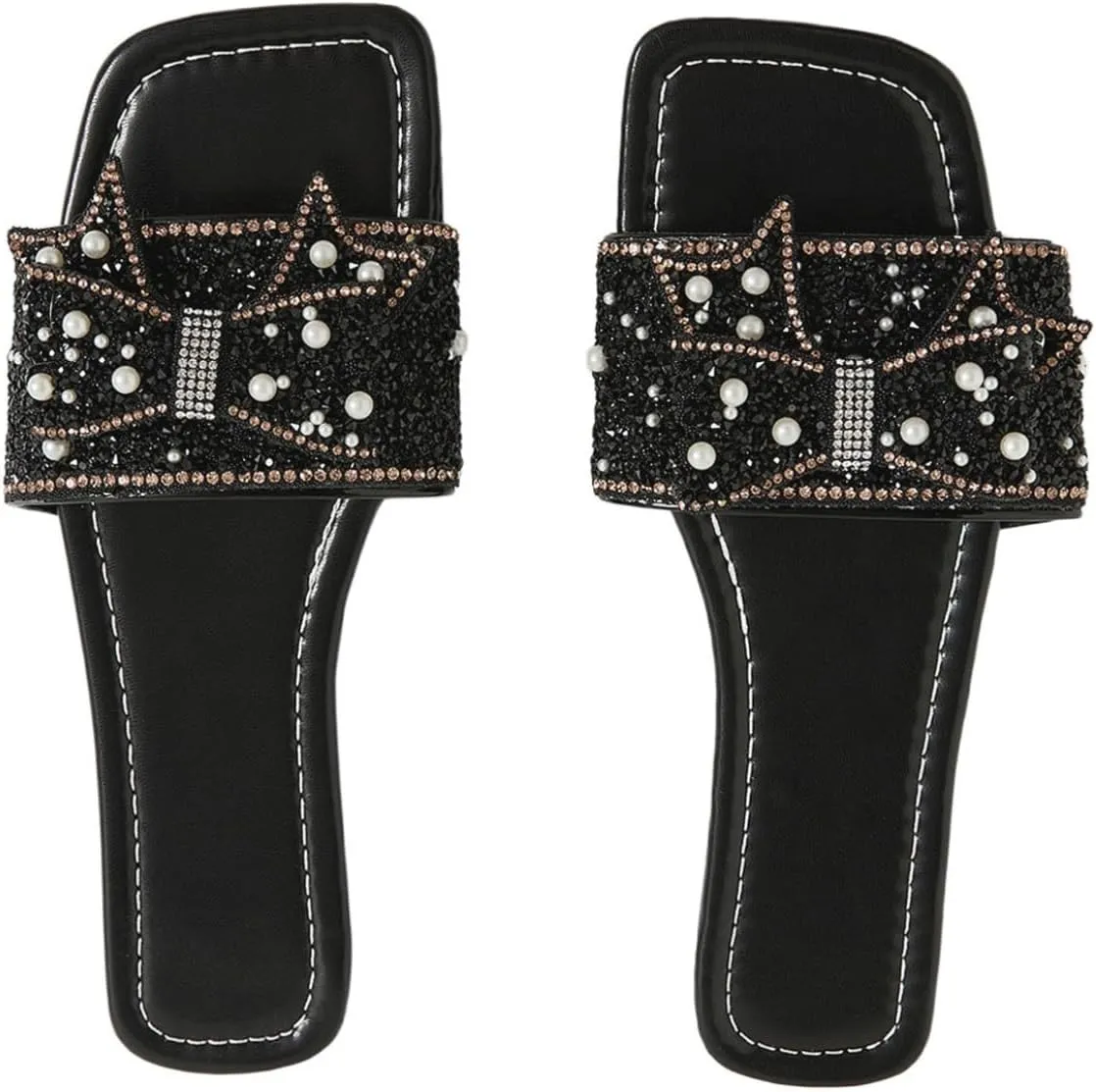 Verdusa Women's Rhinestone peals Bow Leather Flat Sandals Slip on Open Toe Sandals