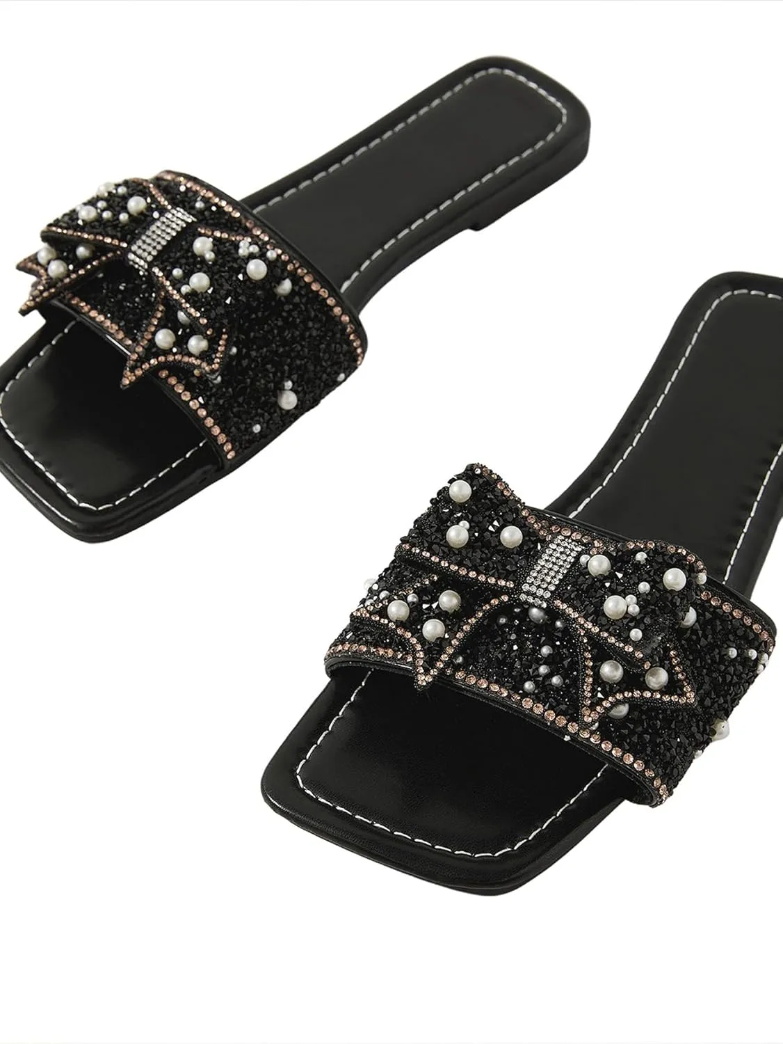 Verdusa Women's Rhinestone peals Bow Leather Flat Sandals Slip on Open Toe Sandals