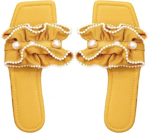 Verdusa Women's Ruffle Pearl Sandals Wedding Square Toe Slip on Slides Summer Slippers