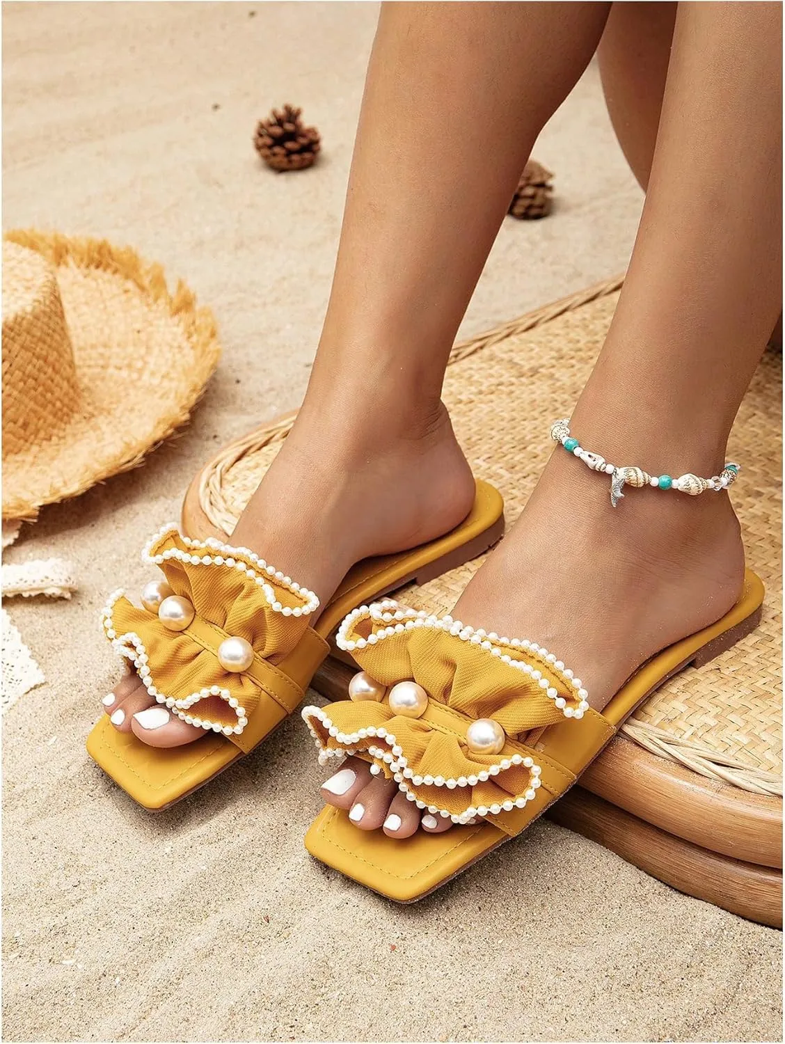 Verdusa Women's Ruffle Pearl Sandals Wedding Square Toe Slip on Slides Summer Slippers