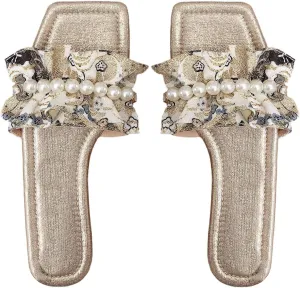 Verdusa Women's Ruffle Pearl Sandals Wedding Square Toe Slip on Slides Summer Slippers