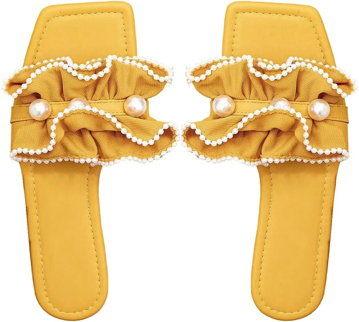 Verdusa Women's Ruffle Pearl Sandals Wedding Square Toe Slip on Slides Summer Slippers