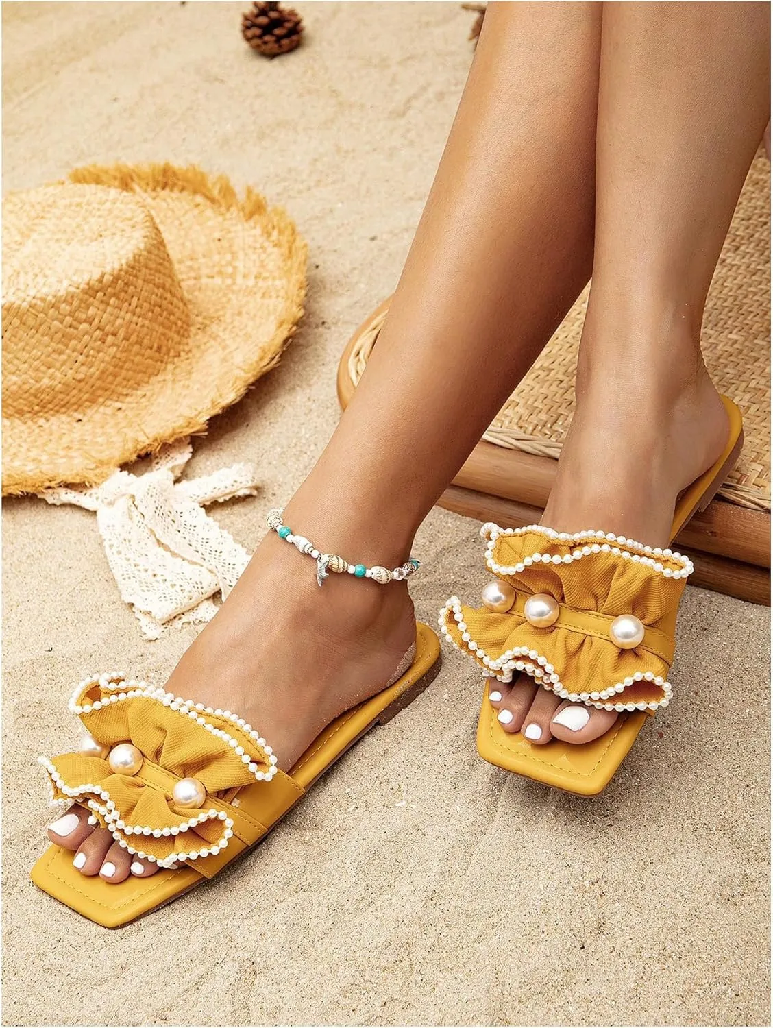 Verdusa Women's Ruffle Pearl Sandals Wedding Square Toe Slip on Slides Summer Slippers