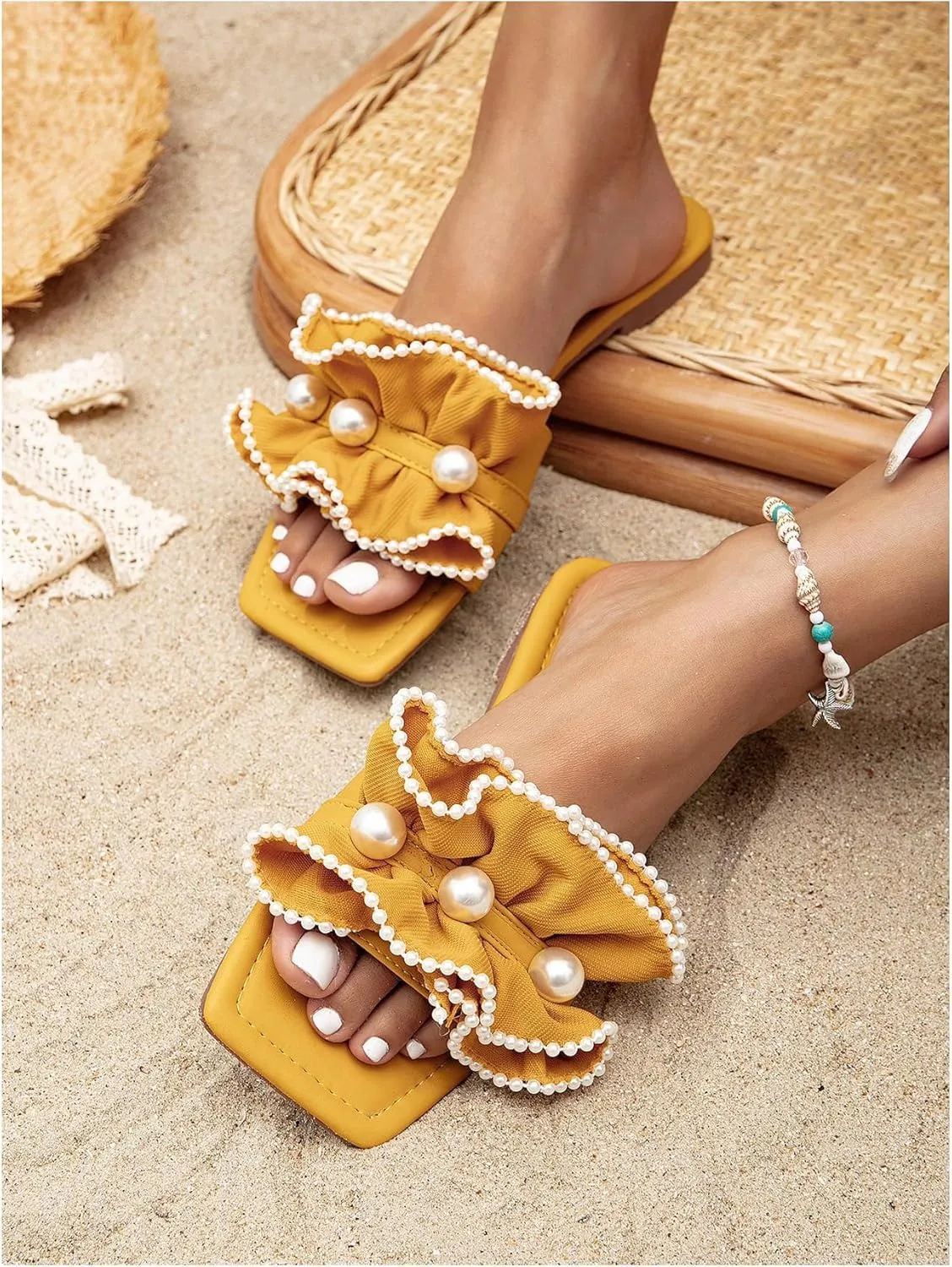 Verdusa Women's Ruffle Pearl Sandals Wedding Square Toe Slip on Slides Summer Slippers
