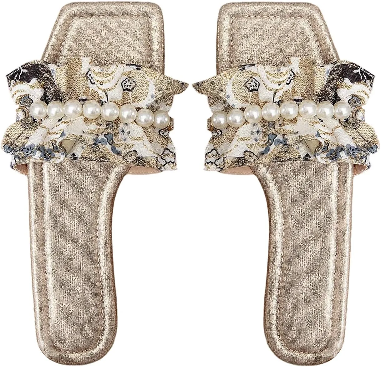 Verdusa Women's Ruffle Pearl Sandals Wedding Square Toe Slip on Slides Summer Slippers