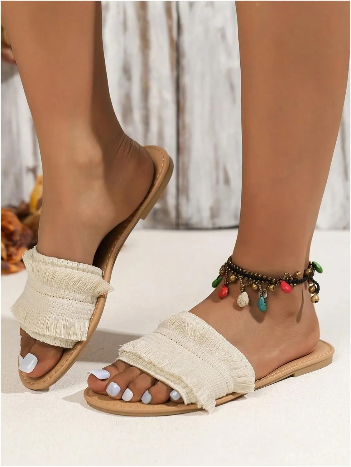 Verdusa Women's Tassel Single Band Flat Sandals PU Leather Open Toe Slip on Slippers