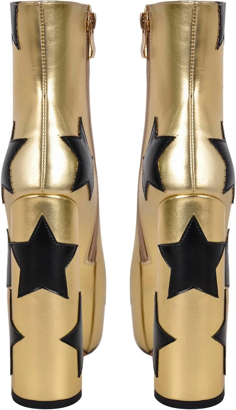 VERISSON Round Toe Platform Ankle Boots with Stars Pattern Zip up Block Heeled Patent Winter Boots