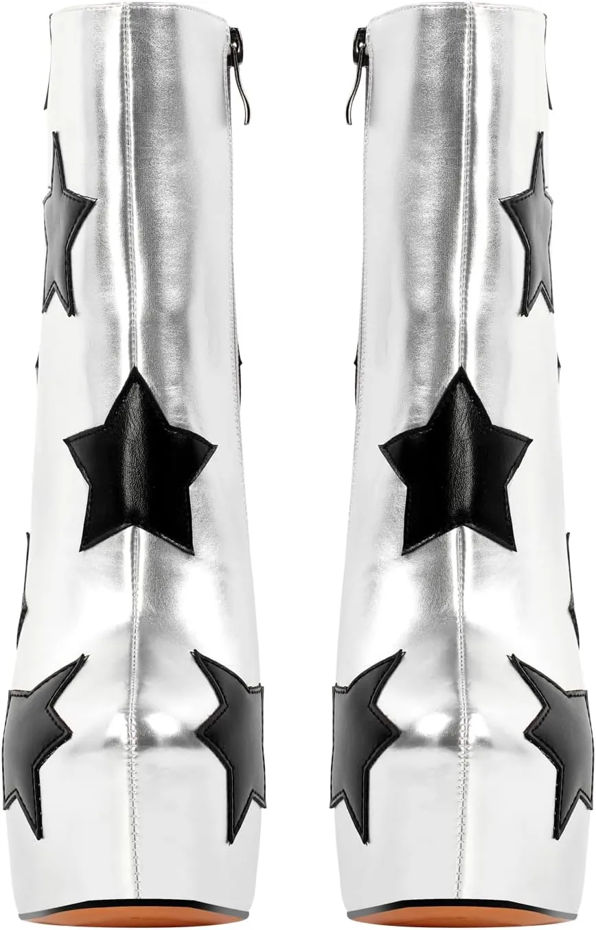 VERISSON Round Toe Platform Ankle Boots with Stars Pattern Zip up Block Heeled Patent Winter Boots
