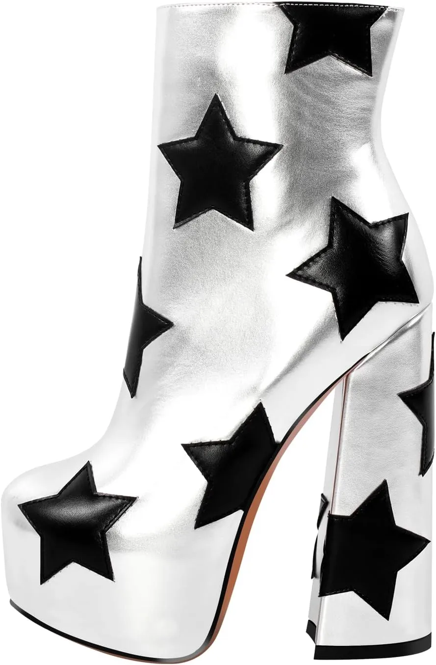 VERISSON Round Toe Platform Ankle Boots with Stars Pattern Zip up Block Heeled Patent Winter Boots