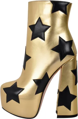 VERISSON Round Toe Platform Ankle Boots with Stars Pattern Zip up Block Heeled Patent Winter Boots