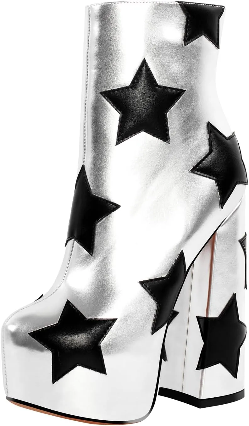 VERISSON Round Toe Platform Ankle Boots with Stars Pattern Zip up Block Heeled Patent Winter Boots