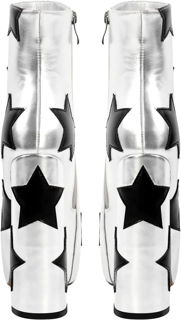 VERISSON Round Toe Platform Ankle Boots with Stars Pattern Zip up Block Heeled Patent Winter Boots