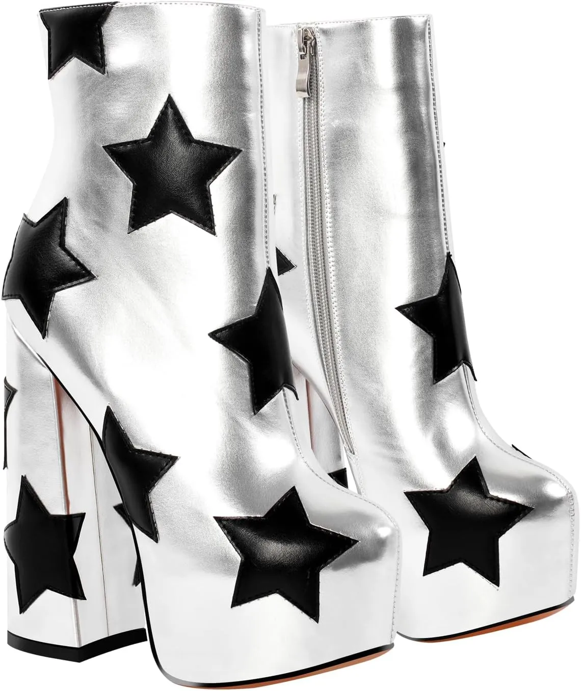 VERISSON Round Toe Platform Ankle Boots with Stars Pattern Zip up Block Heeled Patent Winter Boots