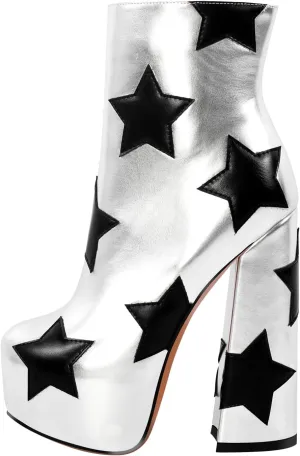 VERISSON Round Toe Platform Ankle Boots with Stars Pattern Zip up Block Heeled Patent Winter Boots