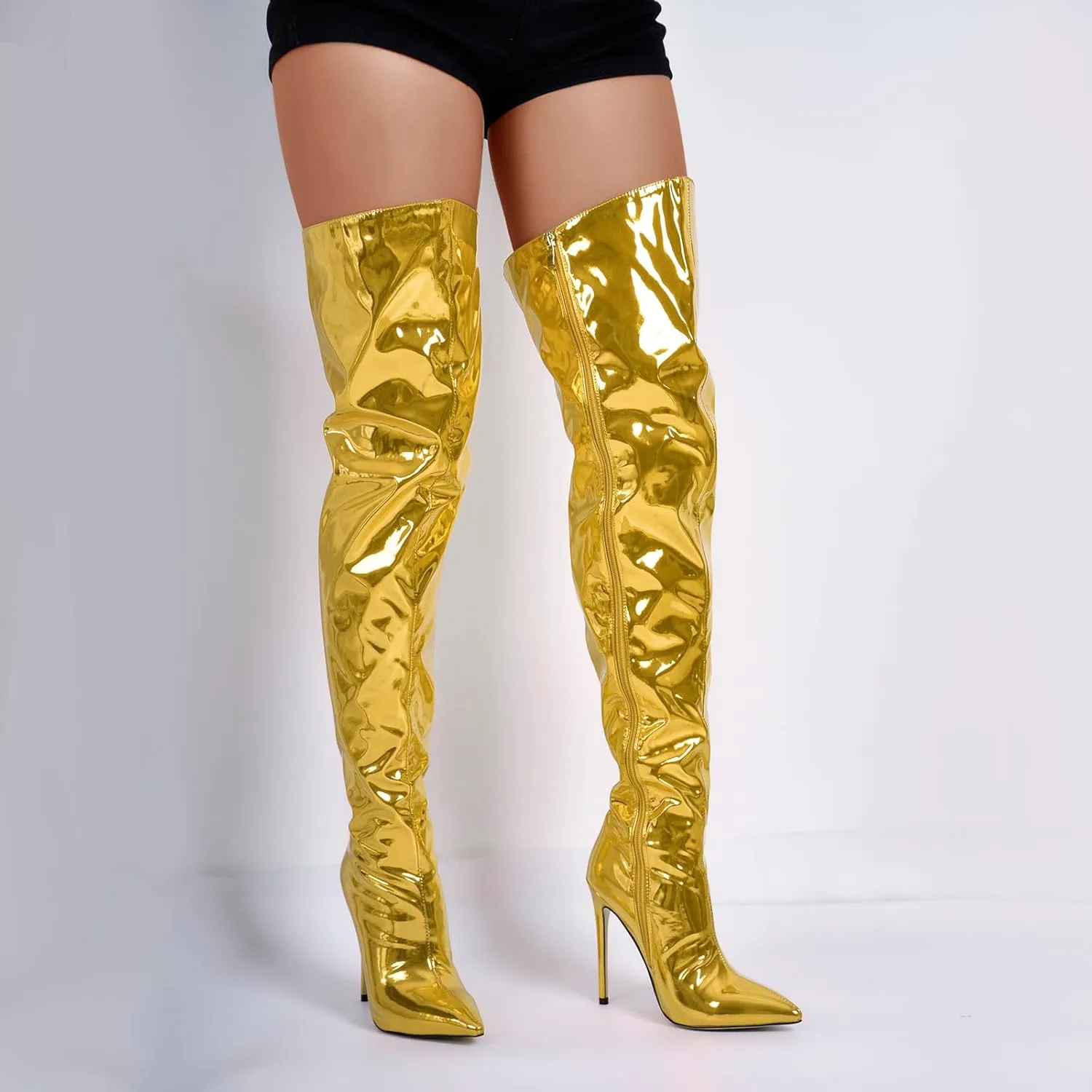 VERISSON Women's Over Knee Metallic Boots Point Toe Clorfulr Stiletto High Heels Zip up Thigh Booties