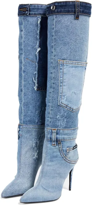 Vertundy Denim Knee High Boots For Women Pointed Toe Stiletto Heel Jeans Boot With Pockets Rivets Winter Riding Boots