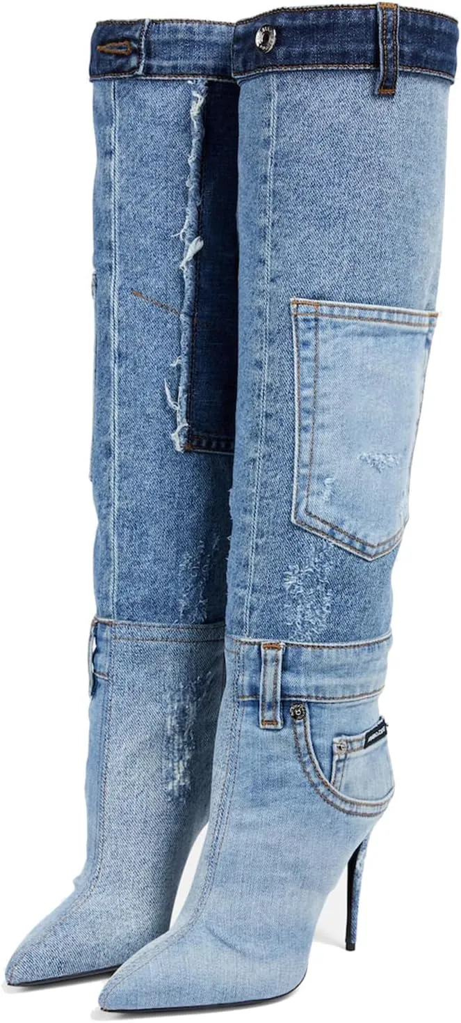 Vertundy Denim Knee High Boots For Women Pointed Toe Stiletto Heel Jeans Boot With Pockets Rivets Winter Riding Boots