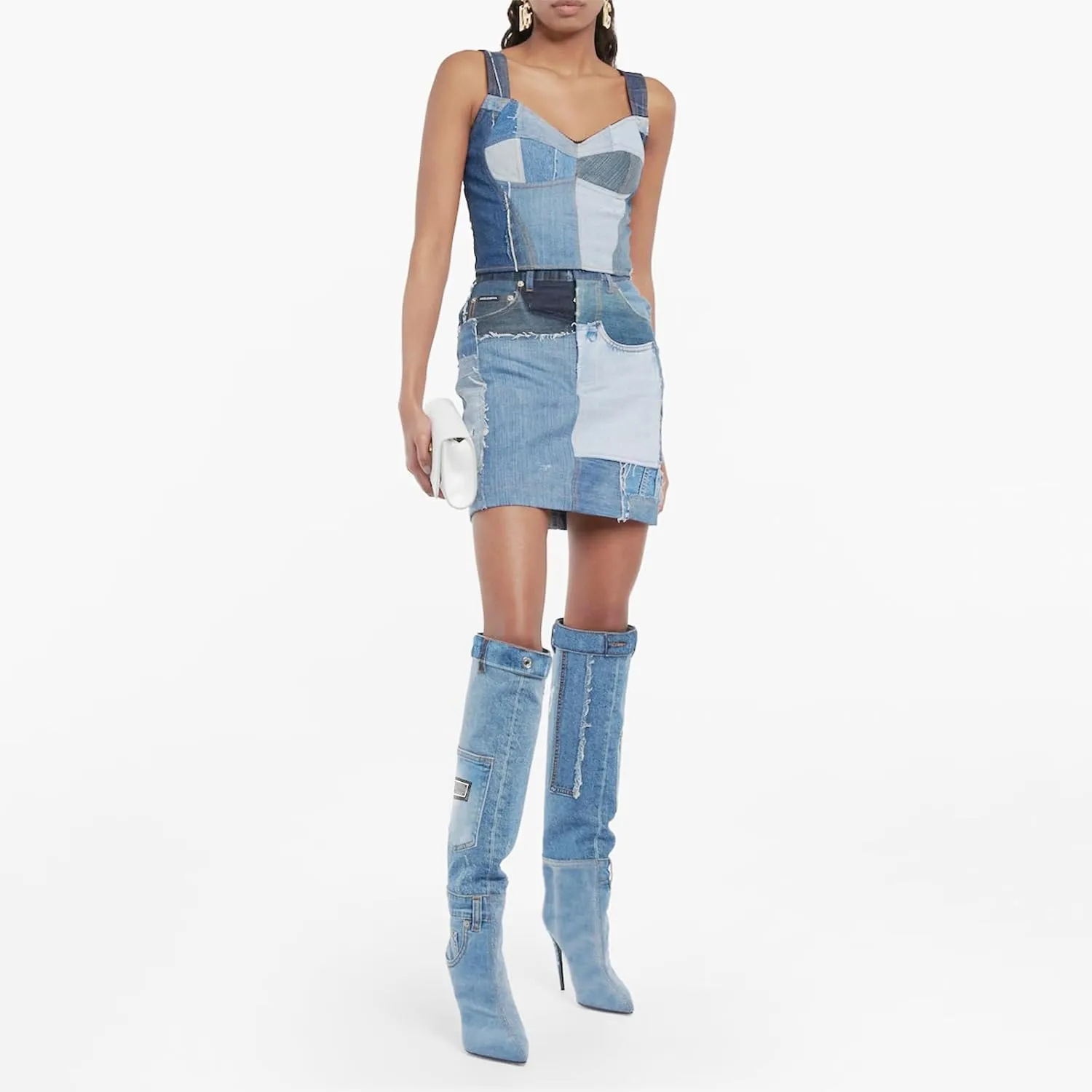 Vertundy Denim Knee High Boots For Women Pointed Toe Stiletto Heel Jeans Boot With Pockets Rivets Winter Riding Boots