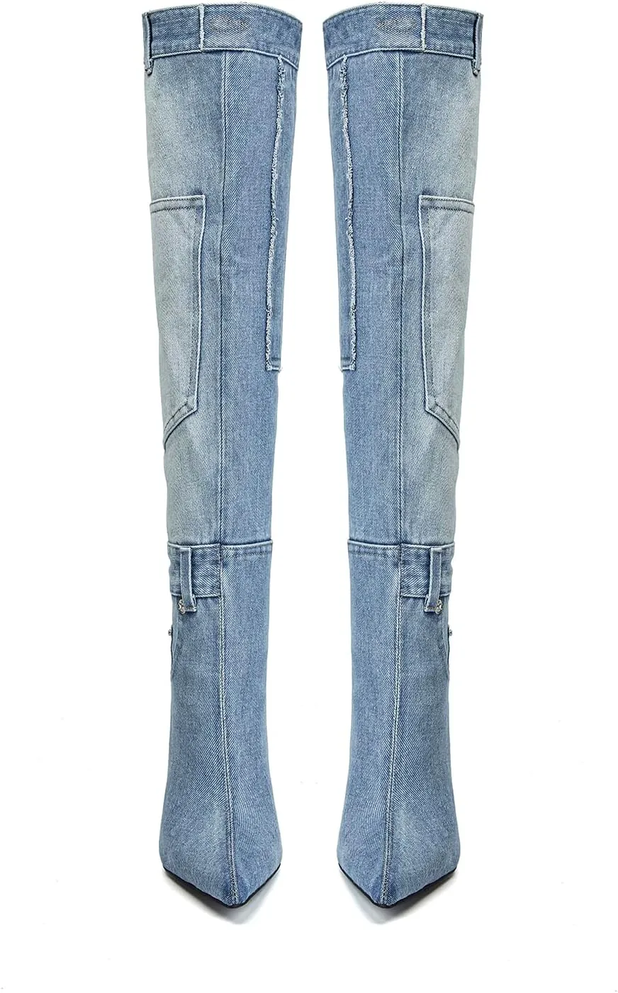 Vertundy Denim Knee High Boots For Women Pointed Toe Stiletto Heel Jeans Boot With Pockets Rivets Winter Riding Boots