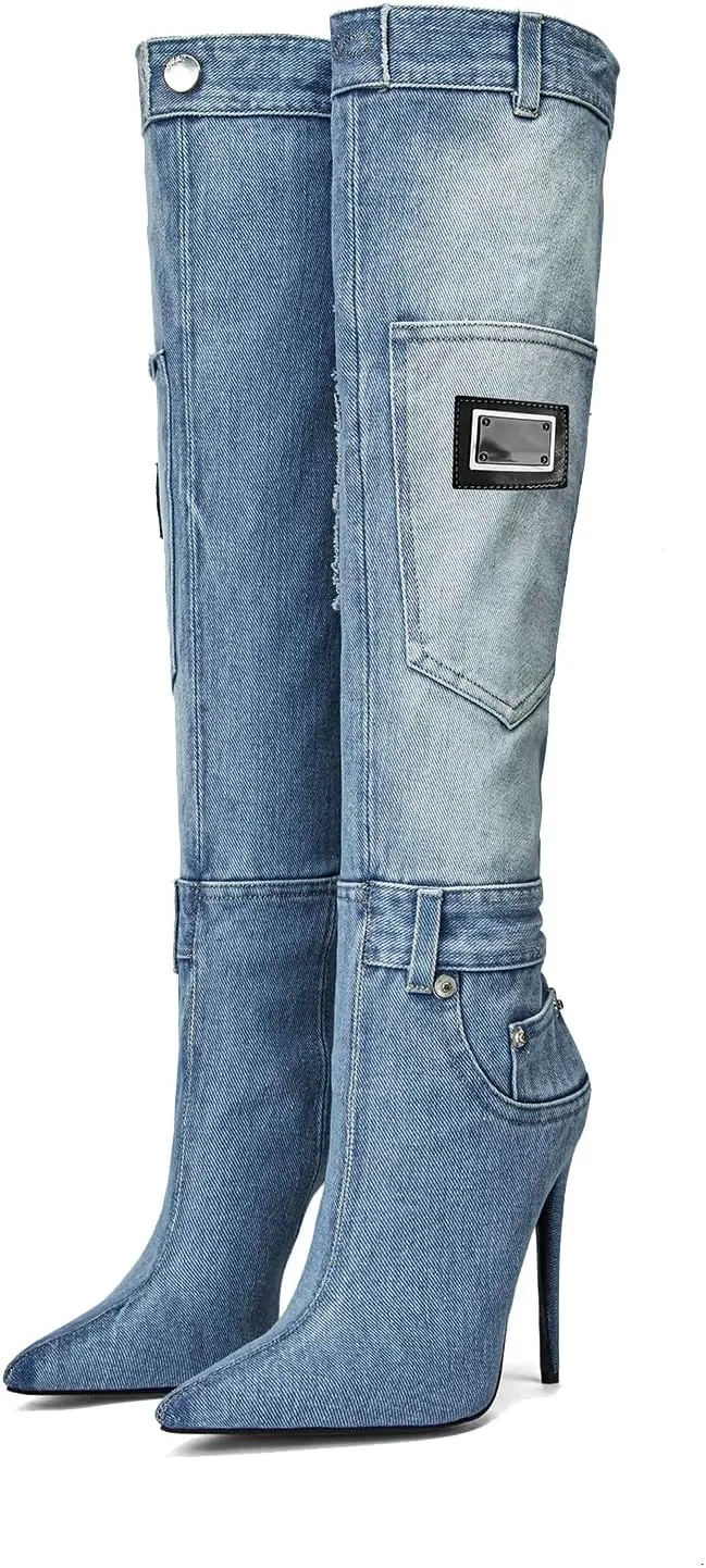 Vertundy Denim Knee High Boots For Women Pointed Toe Stiletto Heel Jeans Boot With Pockets Rivets Winter Riding Boots