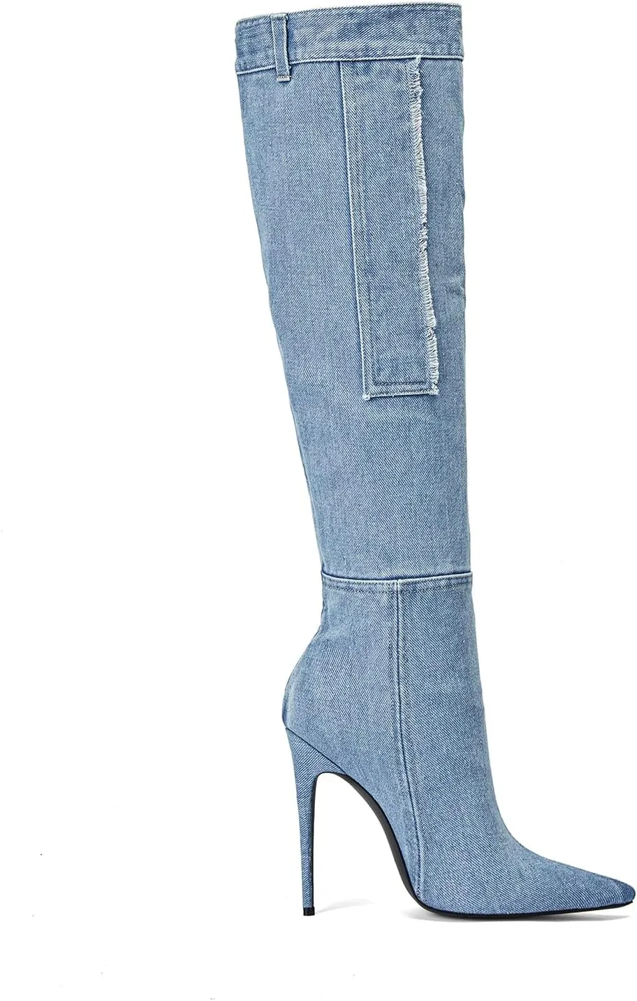 Vertundy Denim Knee High Boots For Women Pointed Toe Stiletto Heel Jeans Boot With Pockets Rivets Winter Riding Boots