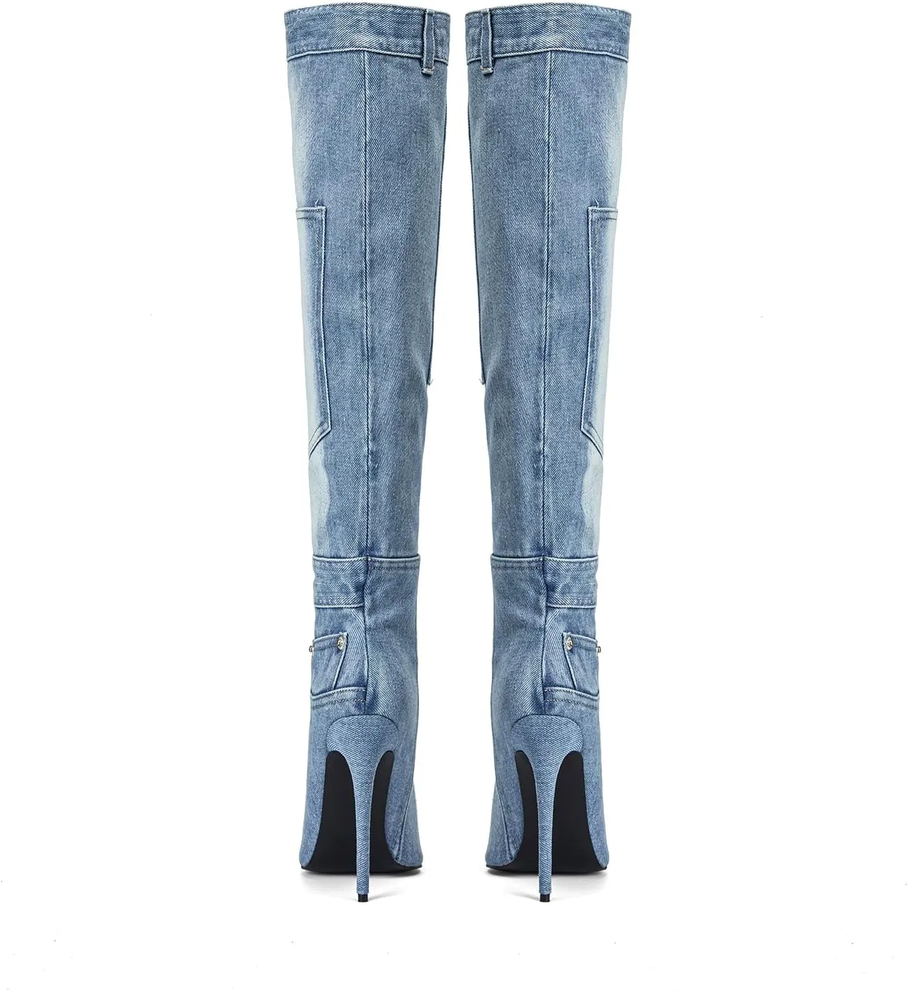 Vertundy Denim Knee High Boots For Women Pointed Toe Stiletto Heel Jeans Boot With Pockets Rivets Winter Riding Boots