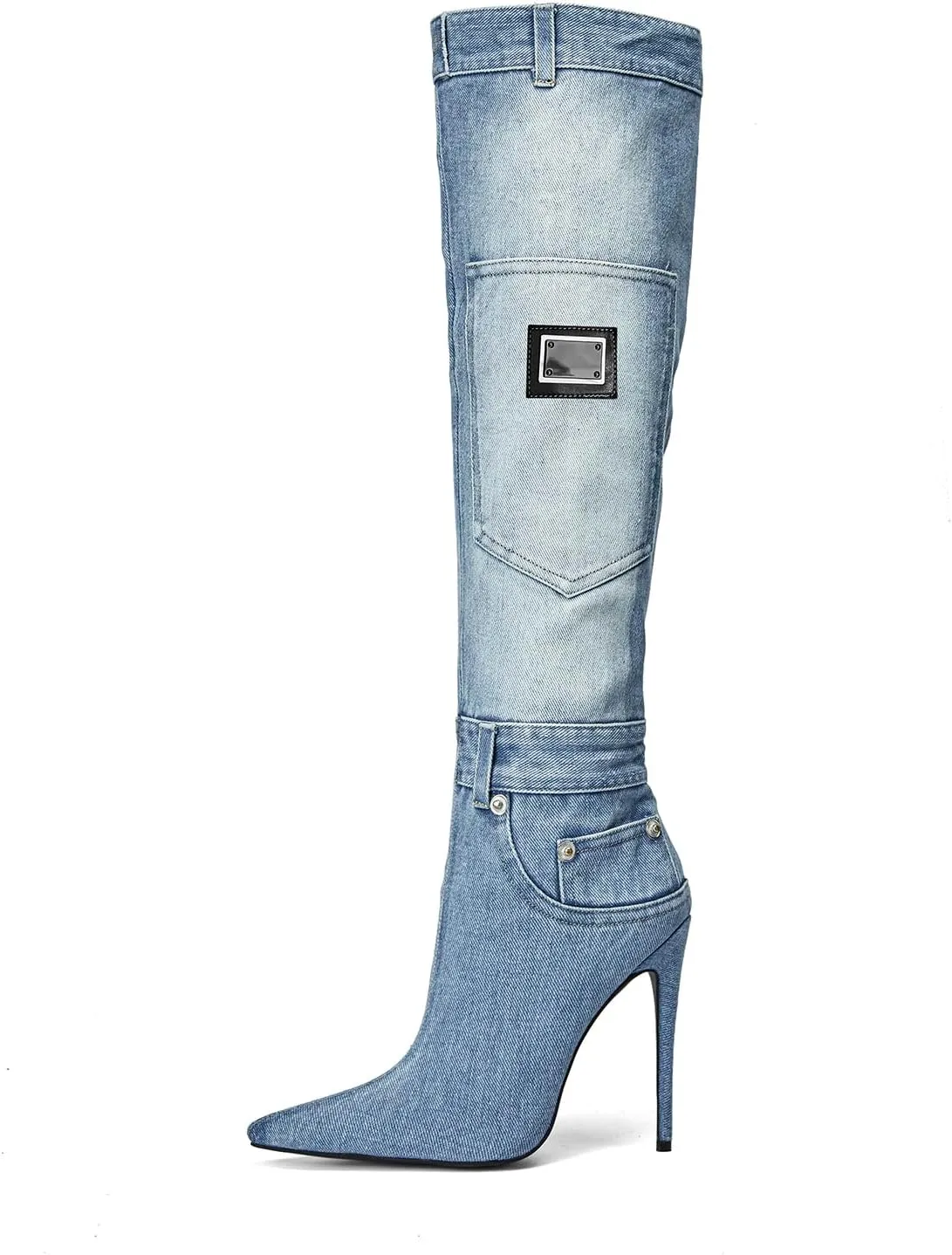 Vertundy Denim Knee High Boots For Women Pointed Toe Stiletto Heel Jeans Boot With Pockets Rivets Winter Riding Boots