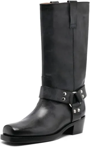 Vertundy Women's Chunky Heel Mid Calf Boot Square Toe Riding Boots Buckle Comfortable Slip On Fashion Causal Booties