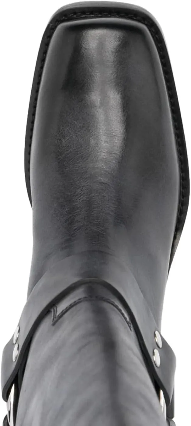 Vertundy Women's Chunky Heel Mid Calf Boot Square Toe Riding Boots Buckle Comfortable Slip On Fashion Causal Booties