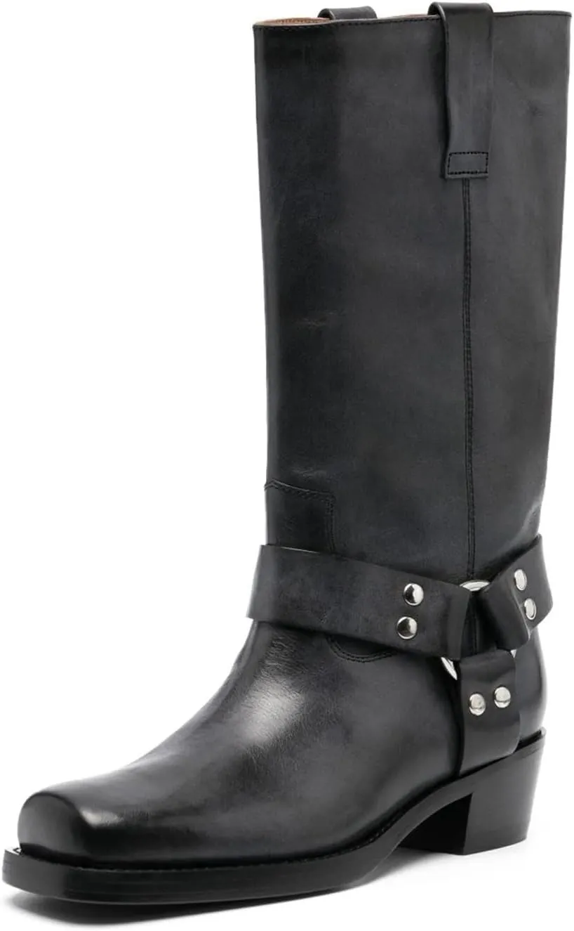 Vertundy Women's Chunky Heel Mid Calf Boot Square Toe Riding Boots Buckle Comfortable Slip On Fashion Causal Booties