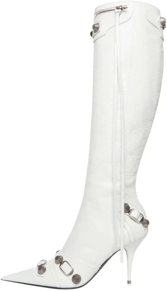 Vertundy Women's Knee High Boots - Pointed Toe Stiletto Heel Zipper Long Boot Rivet Slim Tassel Dress Boot for Lady Sexy