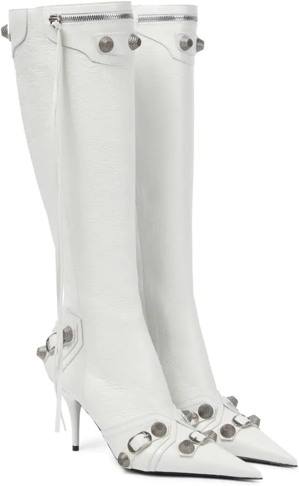 Vertundy Women's Knee High Boots - Pointed Toe Stiletto Heel Zipper Long Boot Rivet Slim Tassel Dress Boot for Lady Sexy