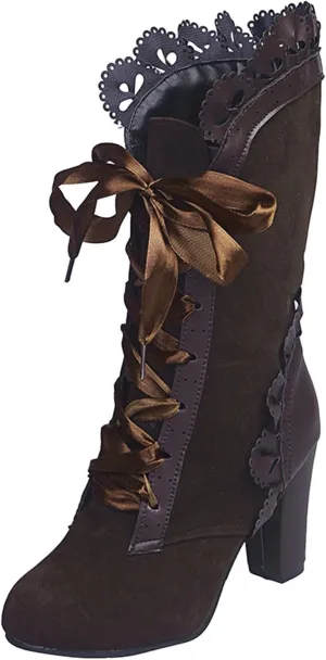 Victorian Boots for Women - Casual Lace Up Renaissance Mid Heels Vintage Halloween Cosplay Witch Shoes