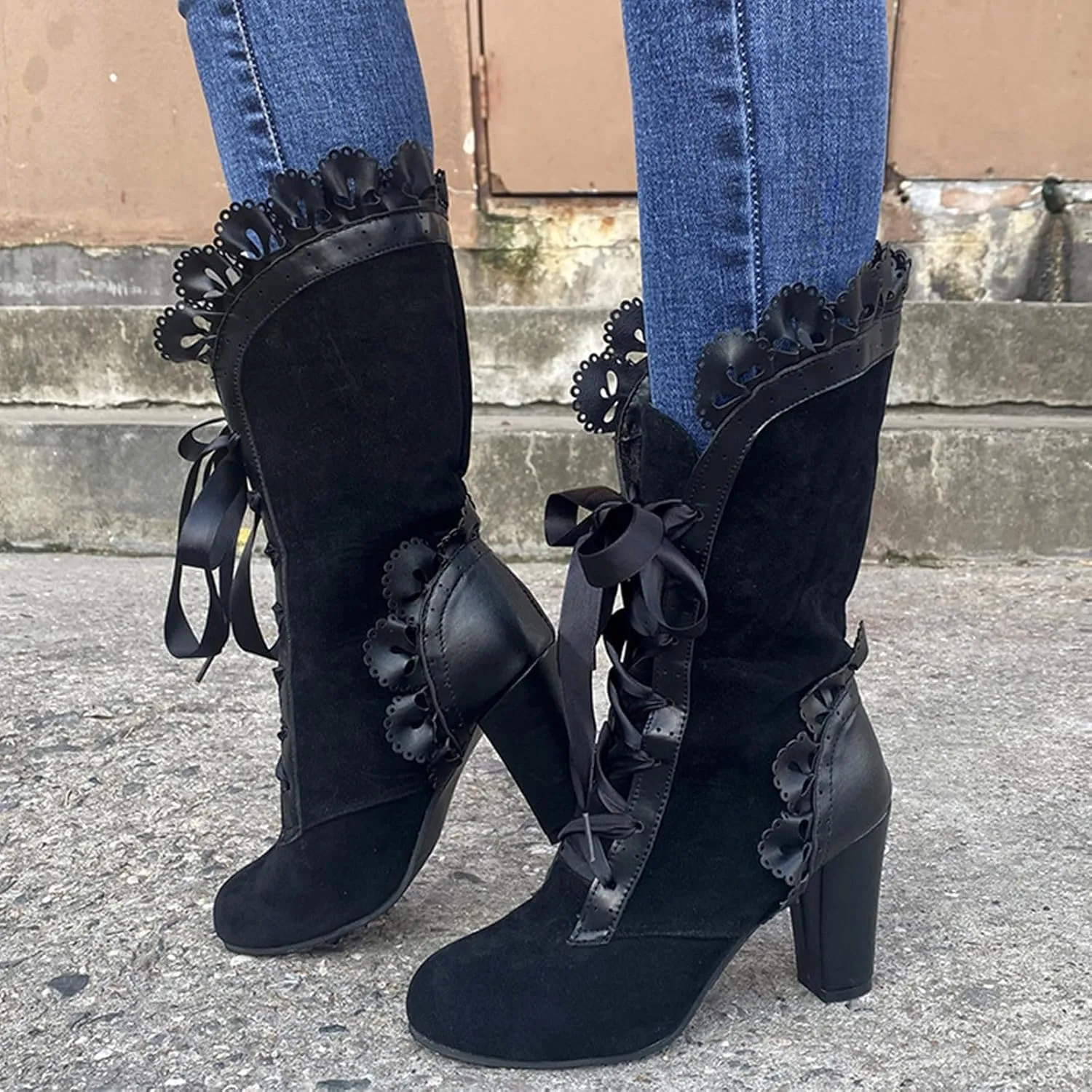 Victorian Boots for Women - Casual Lace Up Renaissance Mid Heels Vintage Halloween Cosplay Witch Shoes