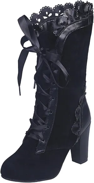 Victorian Boots for Women - Casual Lace Up Renaissance Mid Heels Vintage Halloween Cosplay Witch Shoes