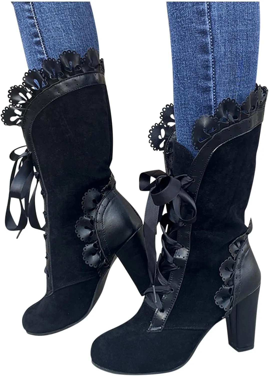 Victorian Boots for Women - Casual Lace Up Renaissance Mid Heels Vintage Halloween Cosplay Witch Shoes
