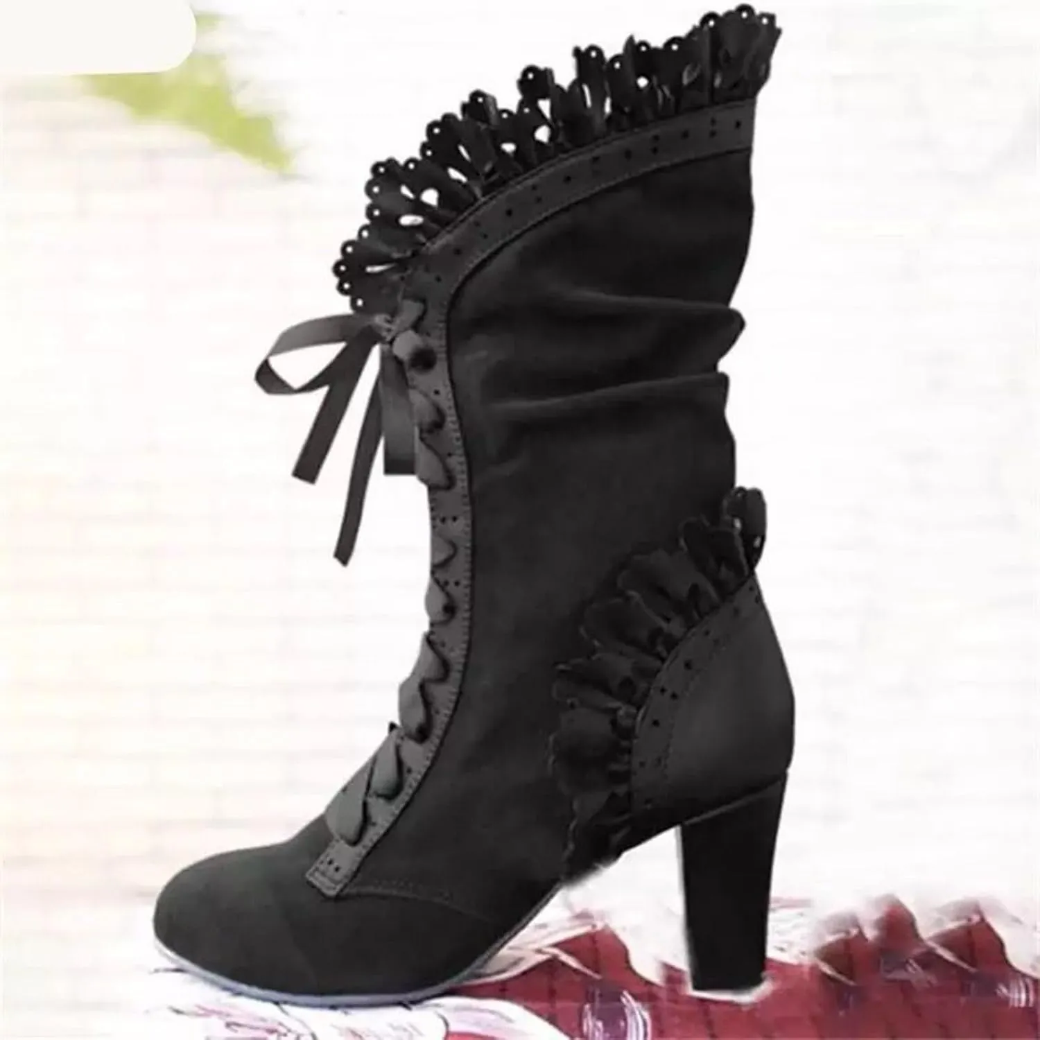 Victorian Boots for Women - Casual Lace Up Renaissance Mid Heels Vintage Halloween Cosplay Witch Shoes