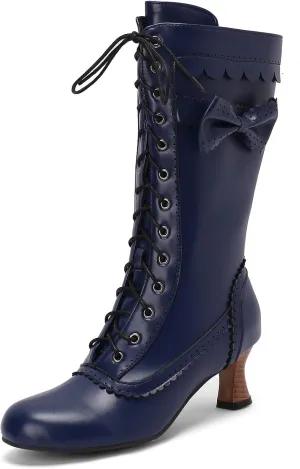 Victorian Boots for Women Vintage Bow Mid Calf Boots Costume Lace Up Goth Boots Halloween Witch Stuff Cuban Heel Mid Boots
