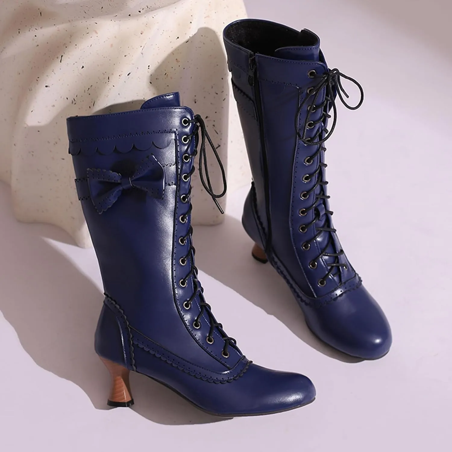 Victorian Boots for Women Vintage Bow Mid Calf Boots Costume Lace Up Goth Boots Halloween Witch Stuff Cuban Heel Mid Boots