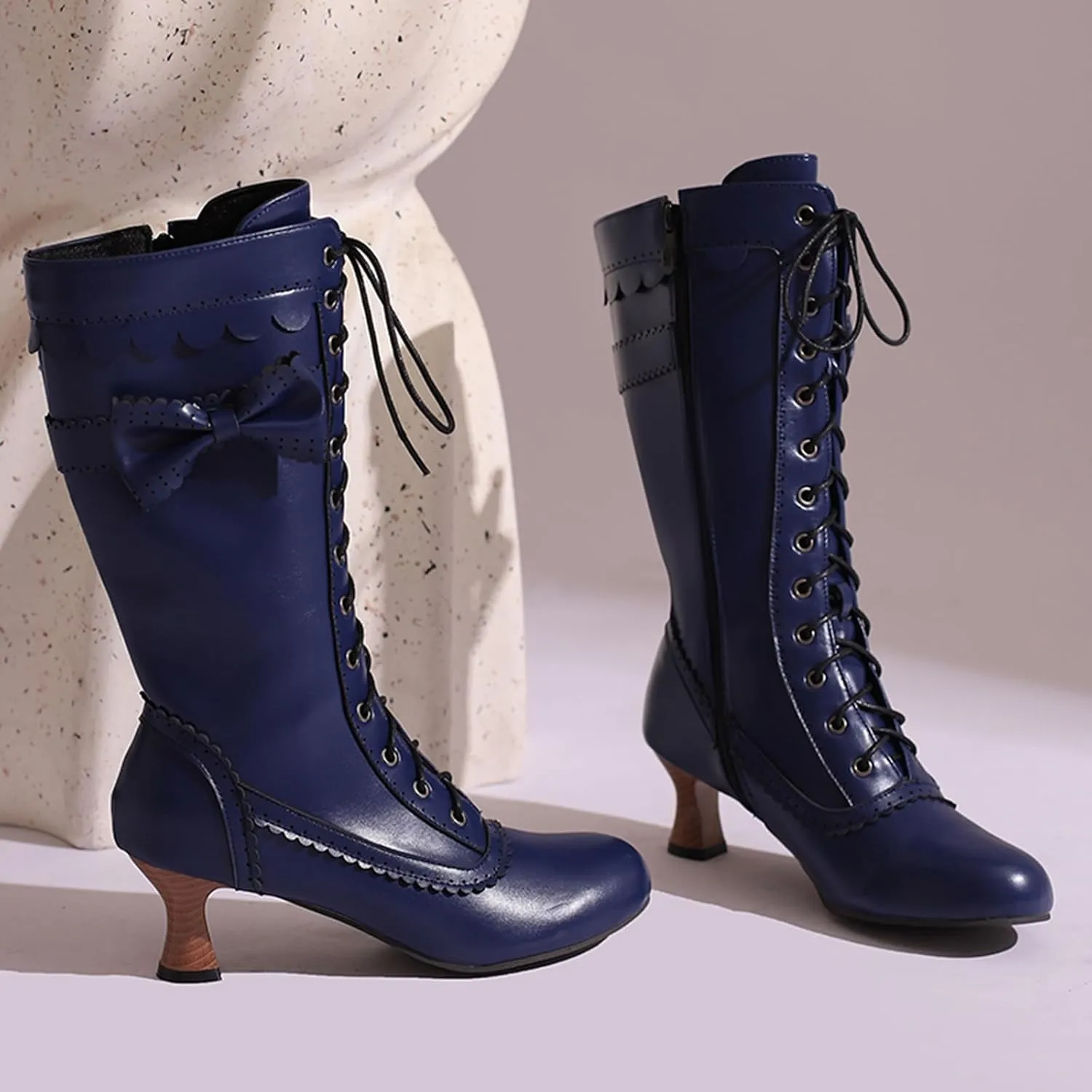 Victorian Boots for Women Vintage Bow Mid Calf Boots Costume Lace Up Goth Boots Halloween Witch Stuff Cuban Heel Mid Boots