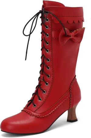 Victorian Boots for Women Vintage Bow Mid Calf Boots Costume Lace Up Goth Boots Halloween Witch Stuff Cuban Heel Mid Boots