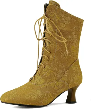 Victorian Boots for Women Vintage Granny Boots Renaissance Mid Calf Boots Costume Lace Up Low Heel Goth Boots with Zipper