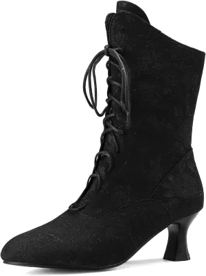 Victorian Boots for Women Vintage Granny Boots Renaissance Mid Calf Boots Costume Lace Up Low Heel Goth Boots with Zipper