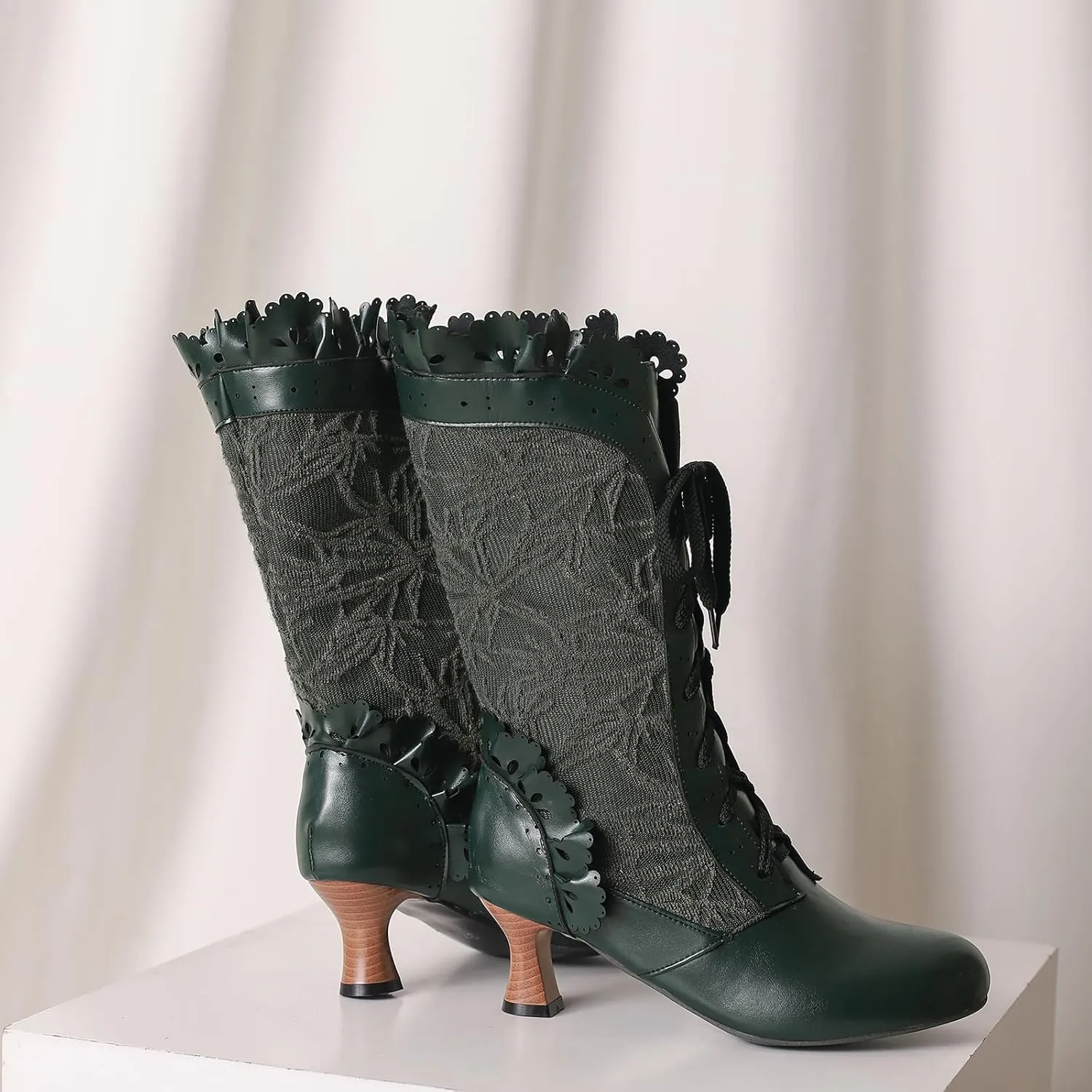 Victorian Boots for Women Vintage Ruffles Goth Boots Costume Lace Up 70S Retro Boots Halloween Witch Stuff Cuban Heel Mid Calf Boots